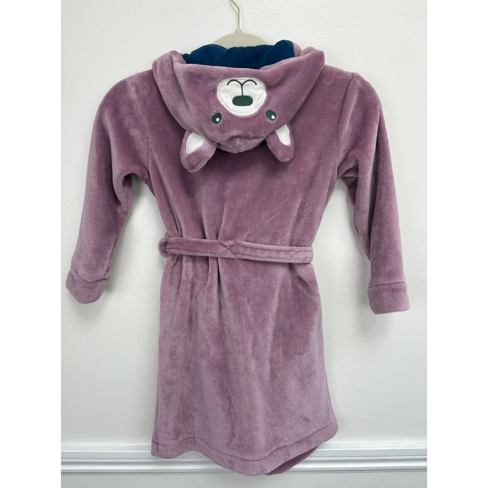 L.L. Bean Big Kids Cozy Hooded Bear Robe Size 4 Plush Purple Pockets Wrap Tie